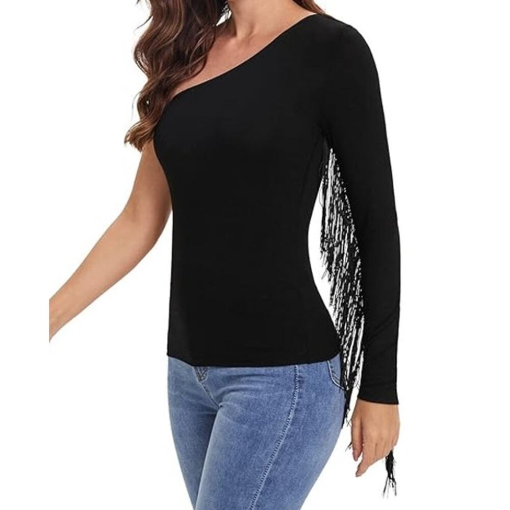 Verdusa Women's Fringe Trim One Shoulder Long Sleeve Fitted Top Small